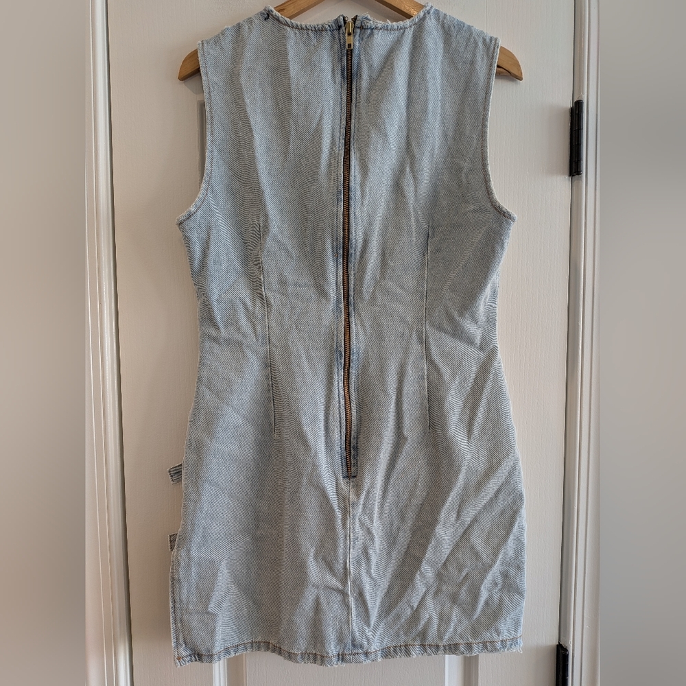 Lioness Sculpted Denim Mini Dress Light Denim Distressed Buckle Edgy Size XL - Picture 9 of 14